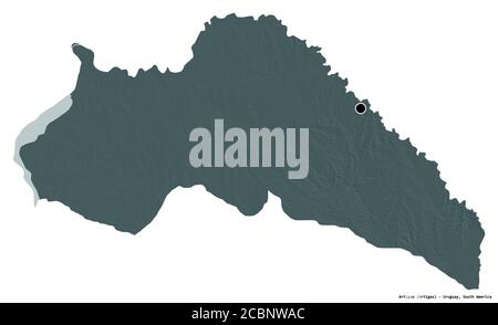 Form von Artigas, Department of Uruguay, mit seiner Hauptstadt isoliert auf weißem Hintergrund. Farbige Höhenkarte. 3D-Rendering Stockfoto