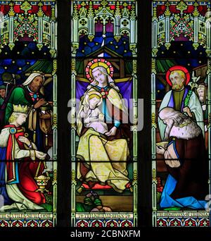 Epiphany, Three Kings, Wise Men, Glasmalerei, Fenster, Weihnachten, von Mayer & Co. 1873, Brinton, Norfolk, England, UK Stockfoto