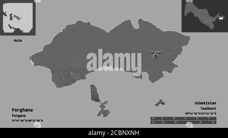 Form von Ferghana, Region Usbekistan, und seine Hauptstadt. Entfernungsskala, Vorschauen und Beschriftungen. Höhenkarte mit zwei Ebenen. 3D-Rendering Stockfoto