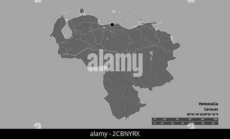 Entsättigte Form Venezuelas mit seiner Hauptstadt, der wichtigsten regionalen Teilung und dem abgetrennten Apure-Gebiet. Beschriftungen. Höhenkarte mit zwei Ebenen. 3D-Rendering Stockfoto