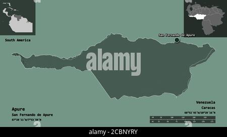 Form von Apure, Staat Venezuela, und seine Hauptstadt. Entfernungsskala, Vorschauen und Beschriftungen. Farbige Höhenkarte. 3D-Rendering Stockfoto