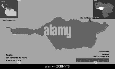 Form von Apure, Staat Venezuela, und seine Hauptstadt. Entfernungsskala, Vorschauen und Beschriftungen. Höhenkarte mit zwei Ebenen. 3D-Rendering Stockfoto