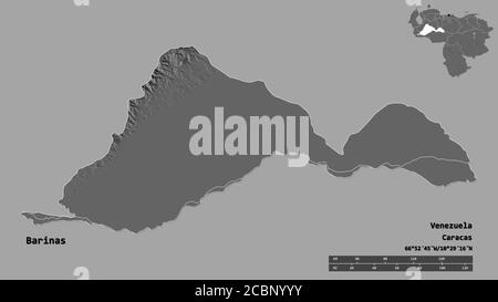 Form von Barinas, Staat Venezuela, mit seiner Hauptstadt auf festem Hintergrund isoliert. Entfernungsskala, Regionenvorschau und Beschriftungen. Höhenkarte mit zwei Ebenen. Stockfoto