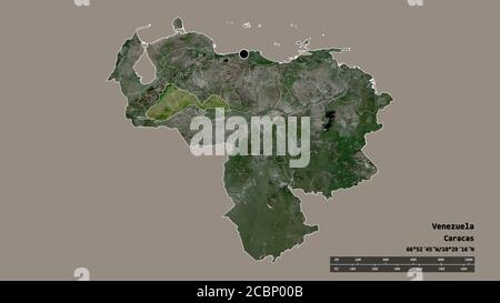 Entsättigte Form Venezuelas mit seiner Hauptstadt, der wichtigsten regionalen Teilung und der abgetrennten Barinas-Bereich. Beschriftungen. Satellitenbilder. 3D-Rendering Stockfoto