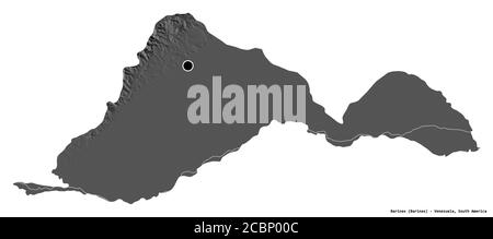 Form von Barinas, Staat Venezuela, mit seiner Hauptstadt isoliert auf weißem Hintergrund. Höhenkarte mit zwei Ebenen. 3D-Rendering Stockfoto