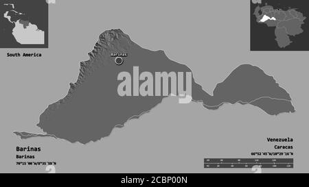 Form von Barinas, Staat Venezuela, und seine Hauptstadt. Entfernungsskala, Vorschauen und Beschriftungen. Höhenkarte mit zwei Ebenen. 3D-Rendering Stockfoto