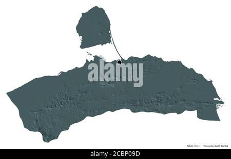 Form von Falcón, Staat Venezuela, mit seiner Hauptstadt isoliert auf weißem Hintergrund. Farbige Höhenkarte. 3D-Rendering Stockfoto