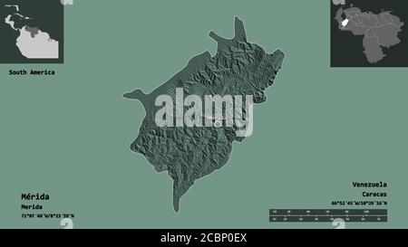Form von Mérida, Staat Venezuela, und seine Hauptstadt. Entfernungsskala, Vorschauen und Beschriftungen. Farbige Höhenkarte. 3D-Rendering Stockfoto