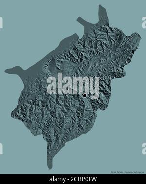 Form von Mérida, Staat Venezuela, mit seiner Hauptstadt isoliert auf einem einfarbigen Hintergrund. Farbige Höhenkarte. 3D-Rendering Stockfoto