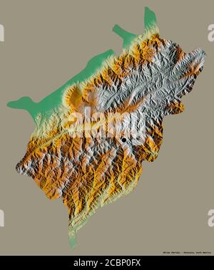 Form von Mérida, Staat Venezuela, mit seiner Hauptstadt isoliert auf einem einfarbigen Hintergrund. Topografische Reliefkarte. 3D-Rendering Stockfoto