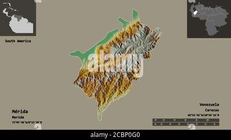 Form von Mérida, Staat Venezuela, und seine Hauptstadt. Entfernungsskala, Vorschauen und Beschriftungen. Topografische Reliefkarte. 3D-Rendering Stockfoto