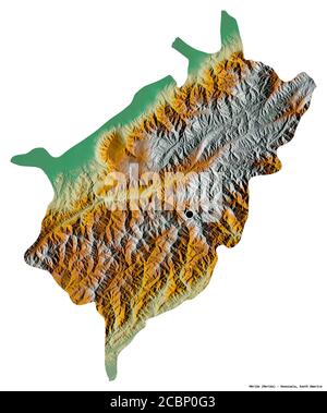 Form von Mérida, Staat Venezuela, mit seiner Hauptstadt isoliert auf weißem Hintergrund. Topografische Reliefkarte. 3D-Rendering Stockfoto