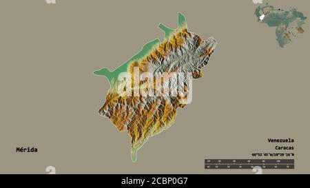 Form von Mérida, Staat Venezuela, mit seiner Hauptstadt auf festem Hintergrund isoliert. Entfernungsskala, Regionenvorschau und Beschriftungen. Topografische Reliefkarte. Stockfoto