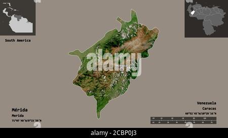 Form von Mérida, Staat Venezuela, und seine Hauptstadt. Entfernungsskala, Vorschauen und Beschriftungen. Satellitenbilder. 3D-Rendering Stockfoto