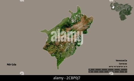 Form von Mérida, Staat Venezuela, mit seiner Hauptstadt auf festem Hintergrund isoliert. Entfernungsskala, Regionenvorschau und Beschriftungen. Satellitenbilder. 3D r Stockfoto