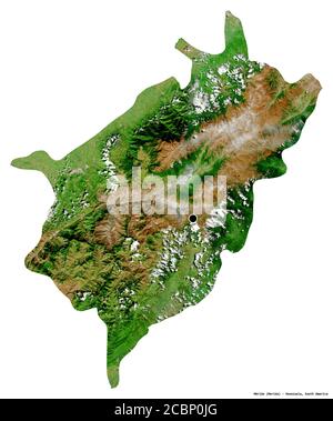 Form von Mérida, Staat Venezuela, mit seiner Hauptstadt isoliert auf weißem Hintergrund. Satellitenbilder. 3D-Rendering Stockfoto
