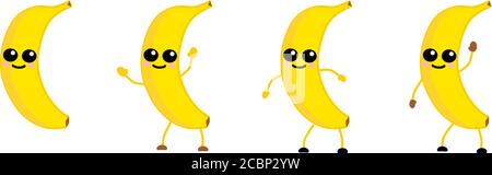 Nette kawaii Stil Banana Frucht Ikone, große Augen, lächelnd. Version mit erhobenen, abwärts und winkenden Händen. Stock Vektor