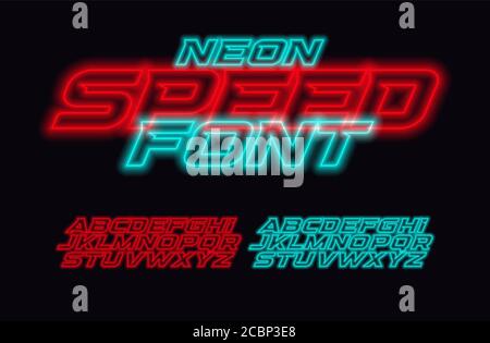 Neon Speed Letters Set. Rot und blau Race Schriftart. Cyberpunk Kursiv fett Stil Vektor Alphabet. Schriftarten für Event, Promo, Logo, Banner, Monogramm und Poster Stock Vektor