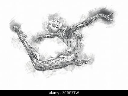 Muscle Woman tut eine gymnastische Sprung Pose in Sketcher Styler, 3d-Illustration Stockfoto