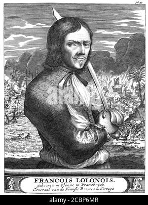 1669 c., FRANKREICH : der berühmte französische Pirat François LOLONOIS ( 1630 c- 1669 c ), aka L'OLONNAIS oder L'OLONNOIS oder LOLONOIS oder LOLONA , geboren in Olonne (Frankreich) mit Namen JEAN-DAVID NAU , General der französischen Roovers in Tortuga ( Karibik ) . Portrait veröffentlicht im Jahr 1684 im Buch von Alexander Olivier Exquemelin ' De Americaensche Zeerovers ' ( die Geschichte des Bucaneer von Amerika ) in flammischer Sprache , unbekannte Graveur . - L' OLONNOIS - OLONNAIS - CARAIBI - PIRATE - PIRATA - PIRATERIA - PIRATI - BUCANIERI - PIRATES - BUCANIERE - REEBOTER - BUCCANEER - PORTRAIT - RITRATTO - ILLUS Stockfoto