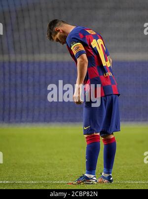 Lissabon, Lissabon, Portugal, 14. August 2020. Lionel Messi (Barca) im Viertelfinale der UEFA Champions League Finalturnier FC BAYERN MÜNCHEN - FC BARCELONA in der Saison 2019/2020, FCB, München, Barca © Peter Schatz / Alamy Live News / Pool - die UEFA-VORSCHRIFTEN VERBIETEN DIE VERWENDUNG VON FOTOS als BILDSEQUENZEN und/oder QUASI-VIDEO - Nationale und internationale Nachrichtenagenturen AUSSCHLIESSLICH zur redaktionellen Verwendung Stockfoto