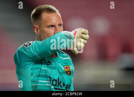 Lissabon, Lissabon, Portugal, 14. August 2020. Torwart Marc-Andre ter Stegen (Barca) im Viertelfinale der UEFA Champions League Finalturnier FC BAYERN MÜNCHEN - FC BARCELONA in der Saison 2019/2020, FCB, München, Barca © Peter Schatz / Alamy Live News / Pool - die UEFA-VORSCHRIFTEN VERBIETEN DIE VERWENDUNG VON FOTOS als BILDSEQUENZEN und/oder QUASI-VIDEO - Nationale und internationale Nachrichtenagenturen AUSSCHLIESSLICH zur redaktionellen Verwendung Stockfoto