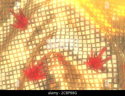 Feld der goldenen Würfel im Raum mit roten Edelkristallen. Ansicht von oben. 3d-Illustration Stockfoto