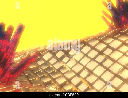 Feld der goldenen Würfel im Raum mit roten Edelkristallen mit Copyspace für Ihren Text. 3d-Illustration Stockfoto