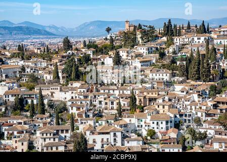 Blick von der Alhambra nach Albayzin, Granada, UNESCO Weltkulturerbe, Andalusien, Spanien Stockfoto