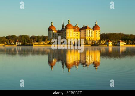 Schloss Moritzburg im Morgenlicht, Landkreis Meißen, Sachsen, Deutschland Stockfoto