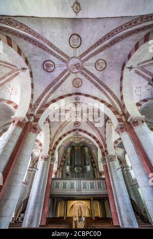 Deckenfresken mit Tierkreiszeichen, romanische, barocke Orgel von Peter Heinrich Vahrnholt, 1700, Hallenkirche St. Peter und Paul, Wormbach Stockfoto