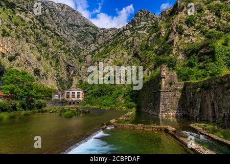 Smaragdgrüne Wasser der Bucht von Kotor oder Boka Kotorska, Berge und das alte steinerne Stadtmauer von Kotor ehemalige venezianische Festung in Montenegro Stockfoto