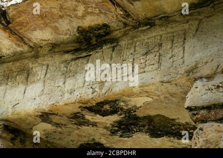 Gebäude 24, Sturz 28 in den Ruinen der Maya-Stadt Yaxchilan am Usumacinta Fluss in Chiapas, Mexiko. Stockfoto