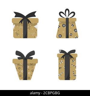 Schachteln für Geschenke in Gold und dunklen Farbtönen isoliert auf weißem Hintergrund. Weihnachten und Neujahr. Vektorgrafik im flachen Stil. Stock Vektor