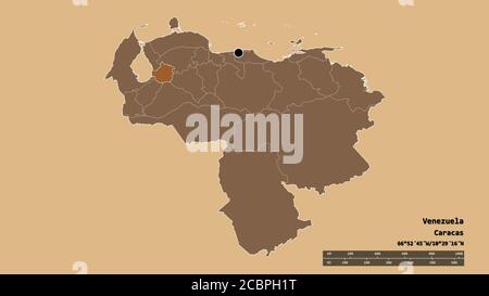 Entsättigte Form Venezuelas mit seiner Hauptstadt, der wichtigsten regionalen Teilung und dem abgetrennten Trujillo-Gebiet. Beschriftungen. Komposition von gemusterten Texturen. 3D Stockfoto