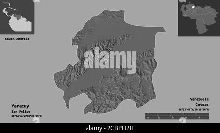 Form von Yaracuy, Staat Venezuela, und seine Hauptstadt. Entfernungsskala, Vorschauen und Beschriftungen. Höhenkarte mit zwei Ebenen. 3D-Rendering Stockfoto