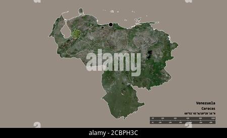 Entsättigte Form Venezuelas mit seiner Hauptstadt, der wichtigsten regionalen Teilung und dem abgetrennten Trujillo-Gebiet. Beschriftungen. Satellitenbilder. 3D-Rendering Stockfoto