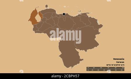 Entsättigte Form Venezuelas mit seiner Hauptstadt, der wichtigsten regionalen Teilung und dem abgetrennten Zulia-Gebiet. Beschriftungen. Komposition von gemusterten Texturen. 3D-RE Stockfoto