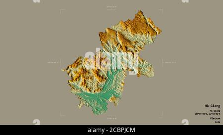 Gebiet von Hà Giang, Provinz Vietnam, isoliert auf einem soliden Hintergrund in einem georeferenzierten Begrenzungsrahmen. Beschriftungen. Topografische Reliefkarte. 3D-Rendering Stockfoto