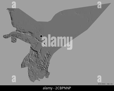 Form von Ma'rib, Gouvernement von Jemen, mit seiner Hauptstadt isoliert auf einem einfarbigen Hintergrund. Höhenkarte mit zwei Ebenen. 3D-Rendering Stockfoto