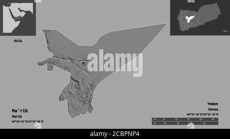 Form von Ma'rib, Gouvernement von Jemen, und seine Hauptstadt. Entfernungsskala, Vorschauen und Beschriftungen. Höhenkarte mit zwei Ebenen. 3D-Rendering Stockfoto