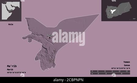 Form von Ma'rib, Gouvernement von Jemen, und seine Hauptstadt. Entfernungsskala, Vorschauen und Beschriftungen. Farbige Höhenkarte. 3D-Rendering Stockfoto