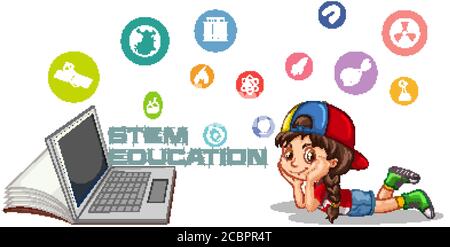 Mädchen liegen neben Laptop mit MINT Bildung Text und Symbol Cartoon-Stil isoliert auf weißem Hintergrund Illustration Stock Vektor