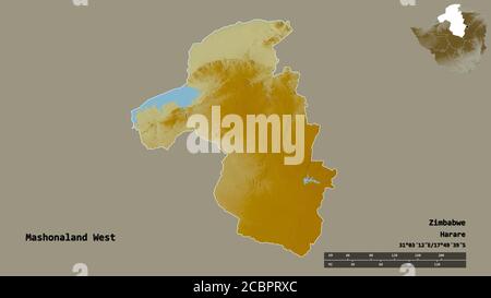 Form von Mashonaland West, Provinz Simbabwe, mit seiner Hauptstadt isoliert auf festem Hintergrund. Entfernungsskala, Regionenvorschau und Beschriftungen. Topografisch Stockfoto