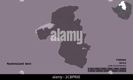 Form von Mashonaland West, Provinz Simbabwe, mit seiner Hauptstadt isoliert auf festem Hintergrund. Entfernungsskala, Regionenvorschau und Beschriftungen. Farbige Ele Stockfoto