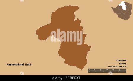 Form von Mashonaland West, Provinz Simbabwe, mit seiner Hauptstadt isoliert auf festem Hintergrund. Entfernungsskala, Regionenvorschau und Beschriftungen. Zusammensetzung Stockfoto