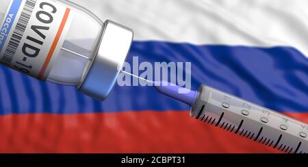 Russland Coronavirus-Impfstoff, Sputnik V. Covid-19 Impfung, Grippe-Prävention, Impfkonzept. Fläschchen Dosis und medizinische Spritze, russische Flagge Backgro Stockfoto