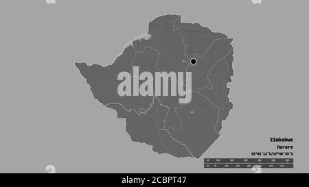 Entsättigte Form Simbabwes mit seiner Hauptstadt, der Hauptregionalabteilung und dem abgetrennten Gebiet Matabeleland South. Beschriftungen. Höhenkarte mit zwei Ebenen. 3D-RE Stockfoto