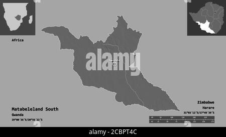 Form von Matabeleland South, Provinz Simbabwe, und seine Hauptstadt. Entfernungsskala, Vorschauen und Beschriftungen. Höhenkarte mit zwei Ebenen. 3D-Rendering Stockfoto