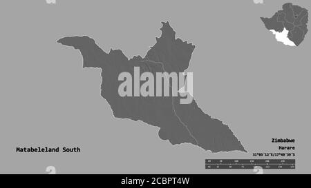 Form von Matabeleland South, Provinz Simbabwe, mit seiner Hauptstadt isoliert auf festem Hintergrund. Entfernungsskala, Regionenvorschau und Beschriftungen. Bilevel e Stockfoto